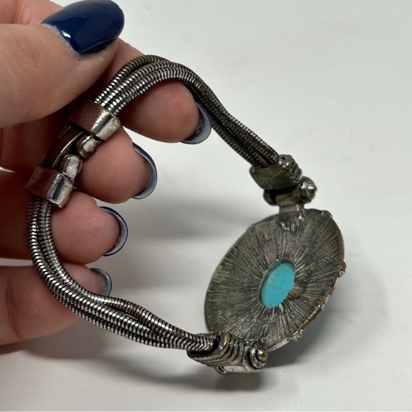 Faux Blue Turquoise Oval Cabochon Filigree Bracelet Layered Silver Tone Chain 7" - Picture 5 of 7